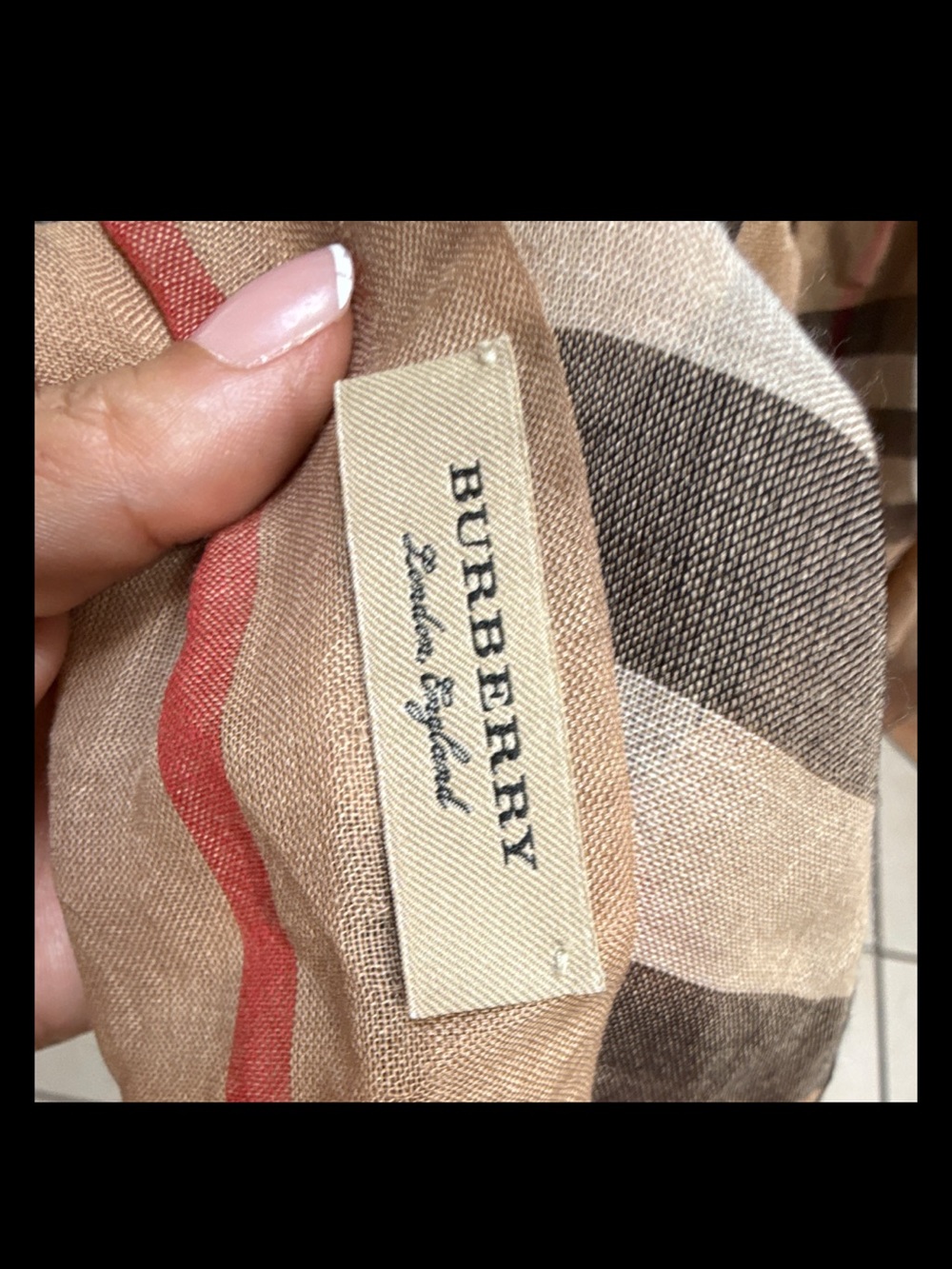 Burberry Tan Plaid Scarf with Black, White & Red Stripes - Picture 3 of 10